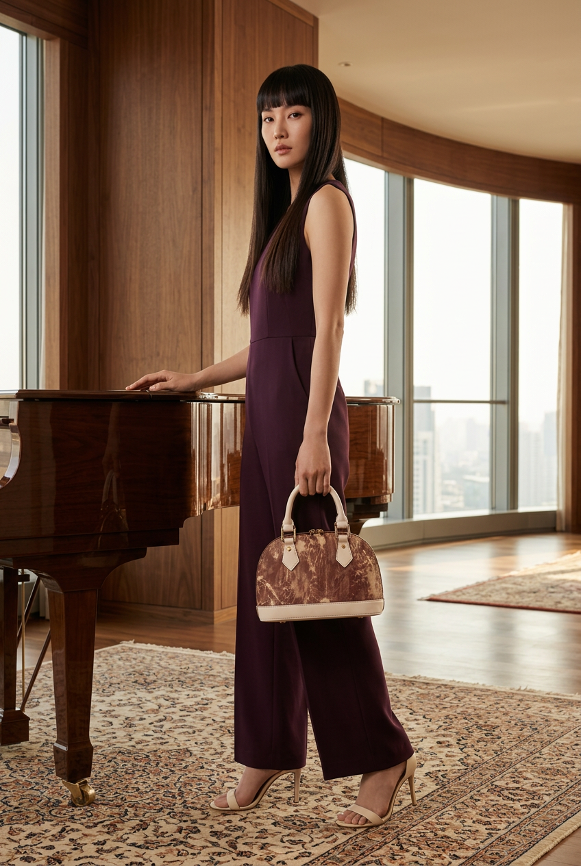 Cream-trim brown mini handbag in a private music salon