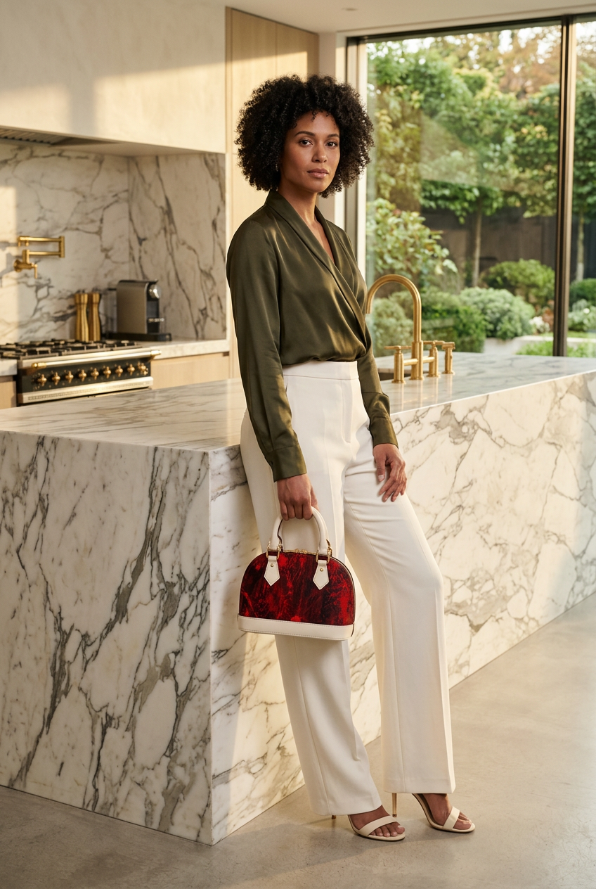 Cream-trim red mini handbag in a luxury culinary studio