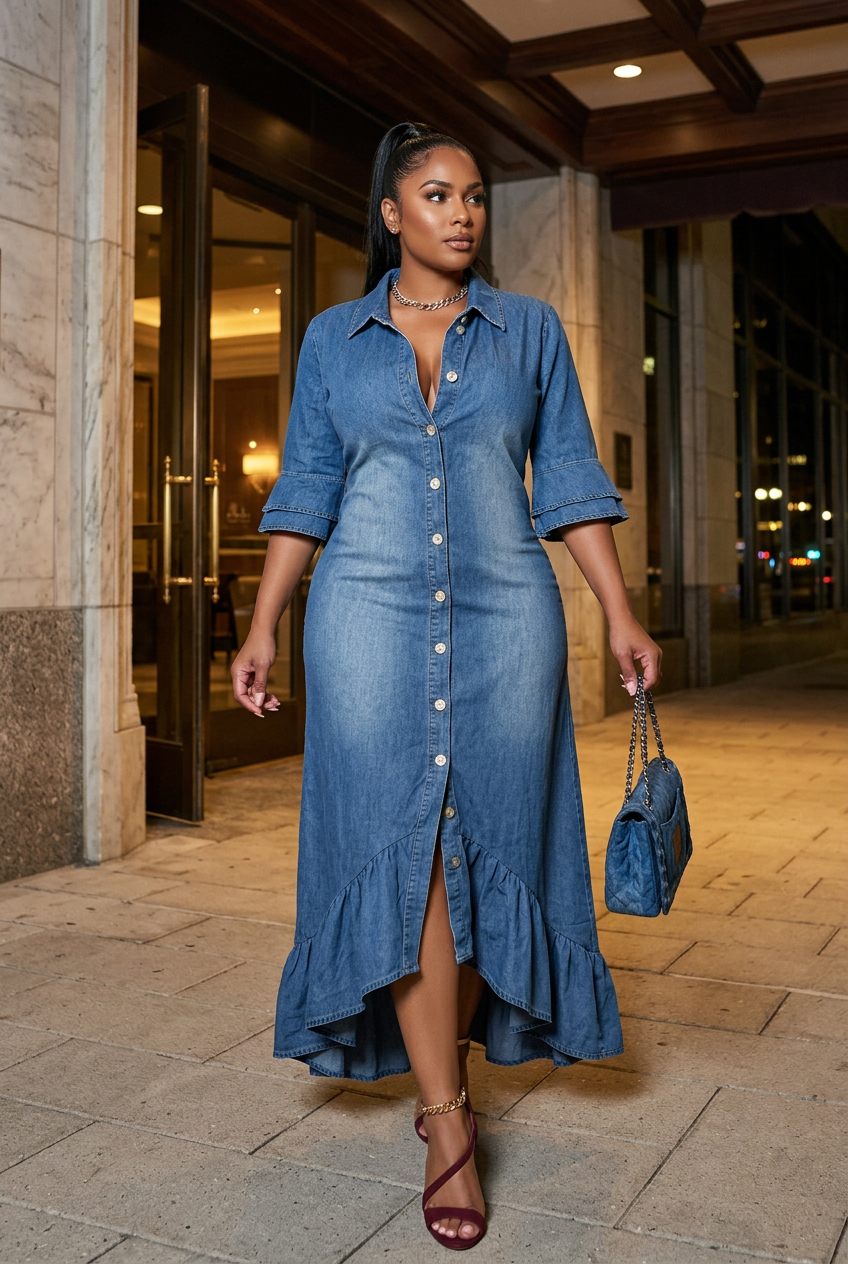 Curvy fitted denim dress, hotel evening look