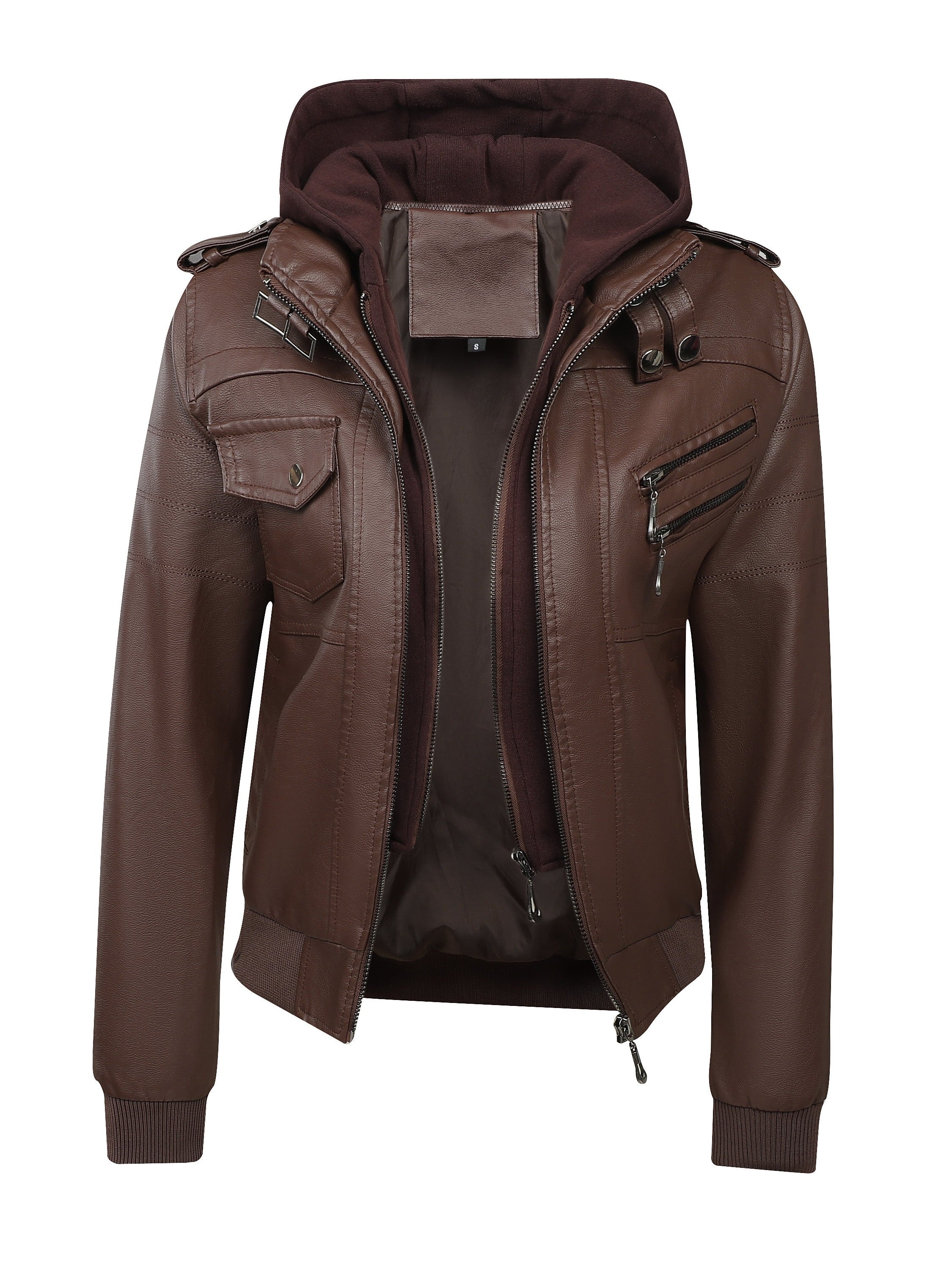 FZ Women's Vintage-Style  Detachable Hood PU Leather Jacket