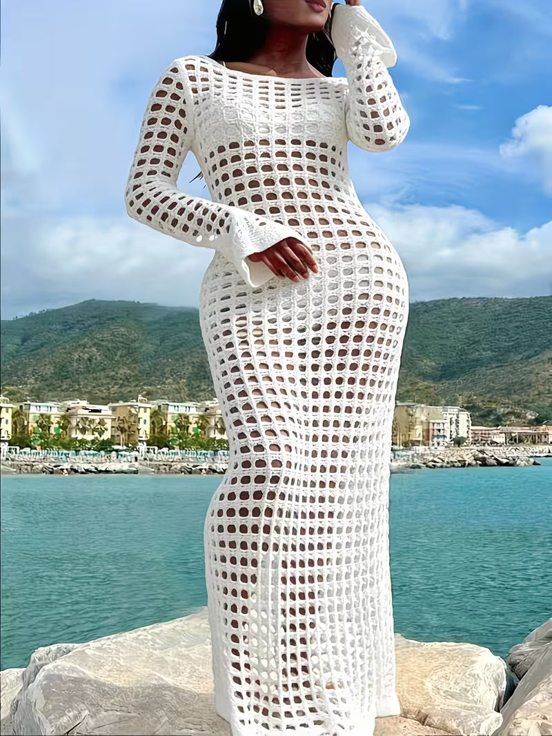 FZ Women's Plus Size Casual Loose Long Sleeve Round Neck Dress Swimsuit Cover-Up