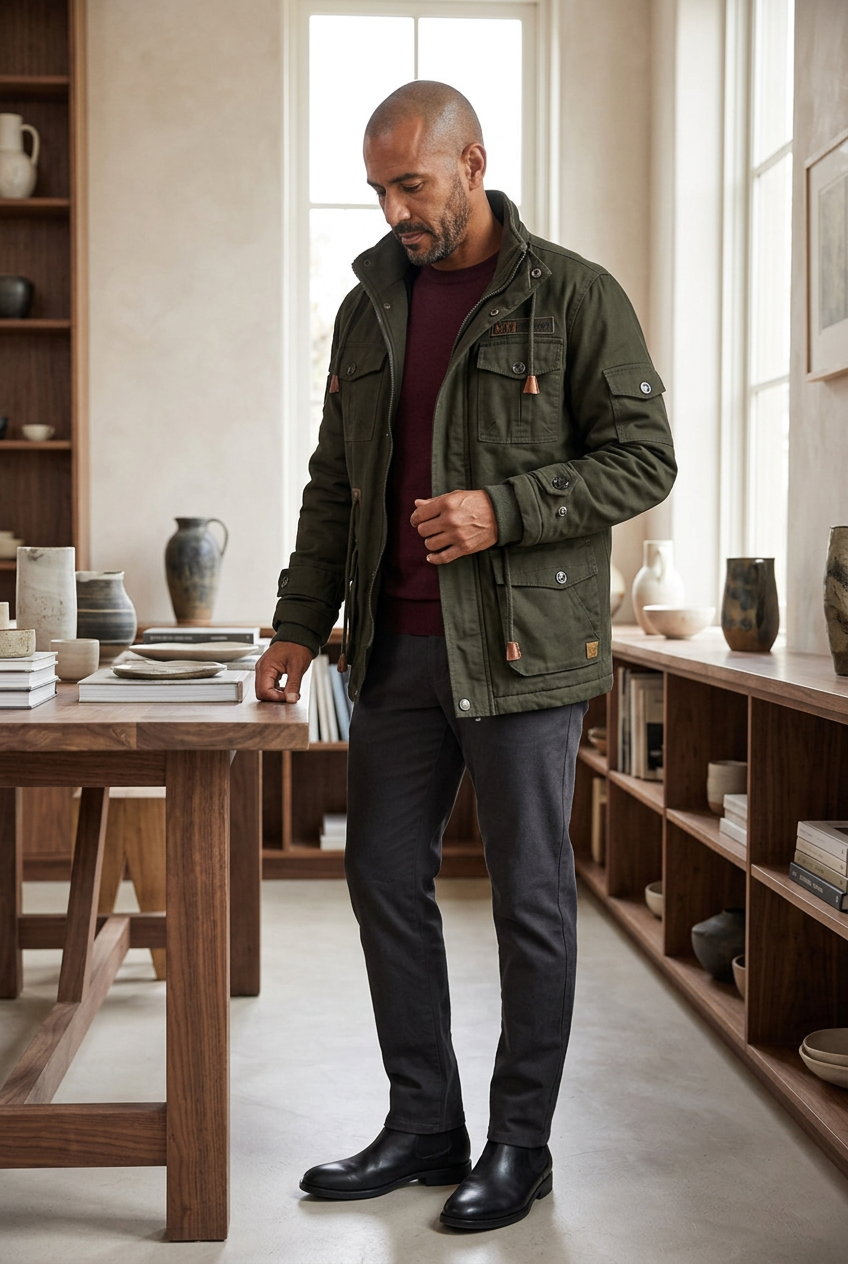 Dark-olive utility jacket styled in a ceramics design library