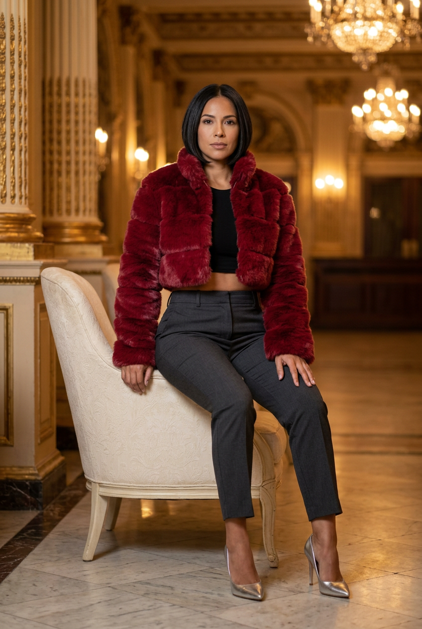 Deep-red cropped fur coat at an opera-house reception
