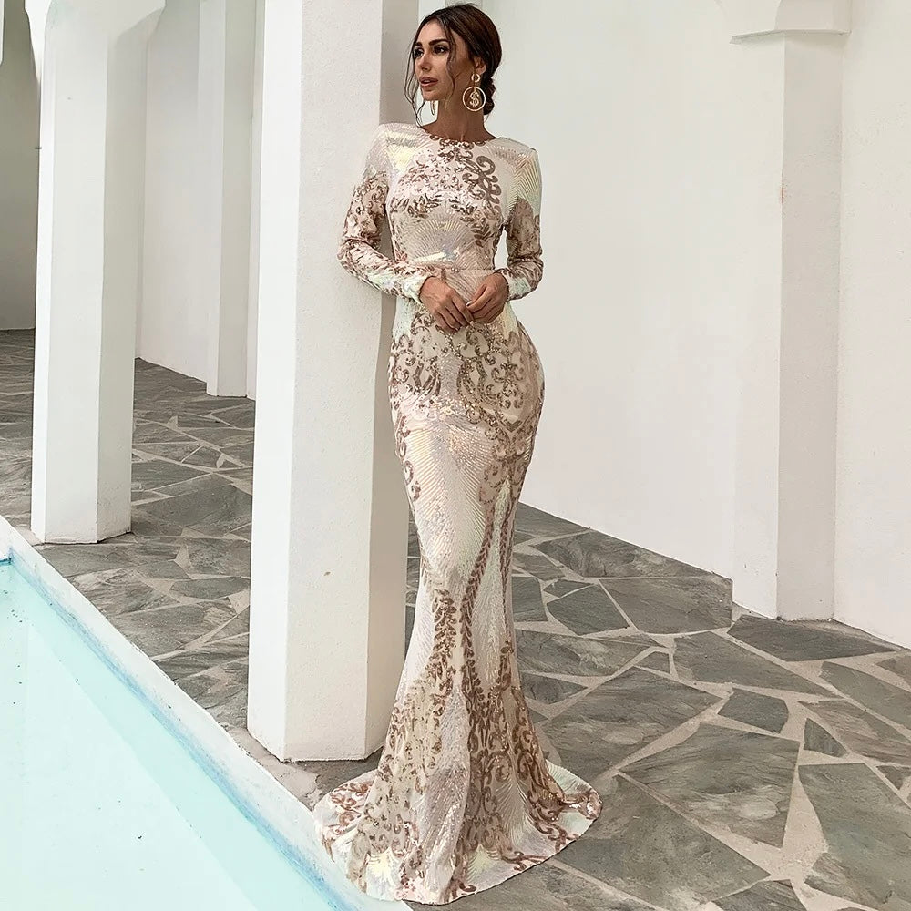 FZ Women's O Neck Long Sleeves Sequin Backless Maxi Mermaid Evening Dress