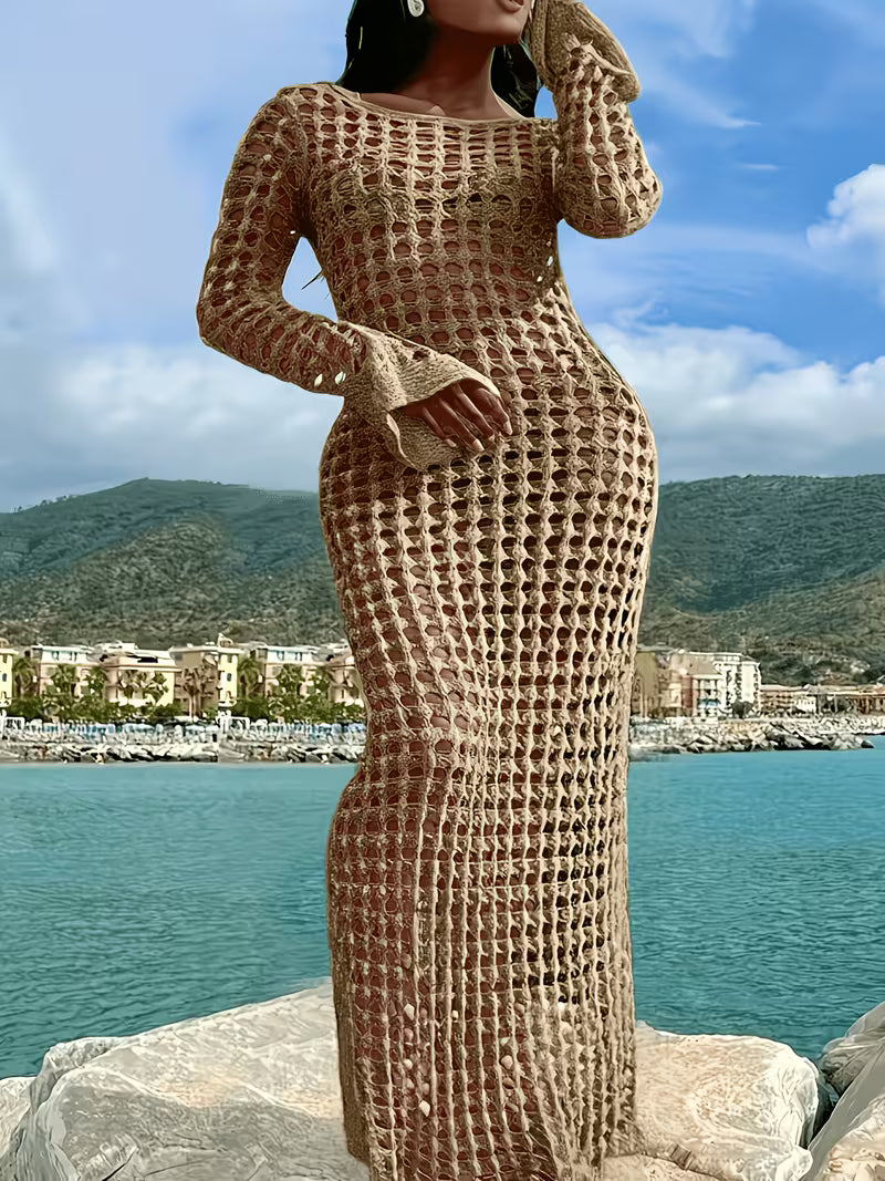 FZ Women's Plus Size Casual Loose Long Sleeve Round Neck Dress Swimsuit Cover-Up