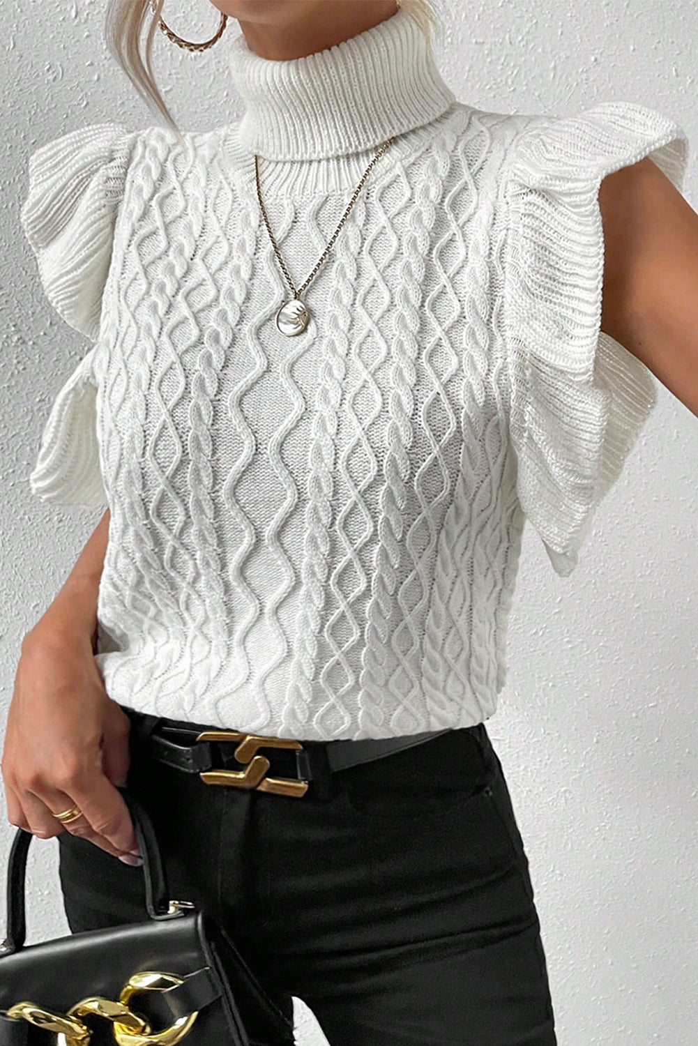 FZ Women's White Turtle Neck Cable Knit Ruffled Sweater Top - FZwear