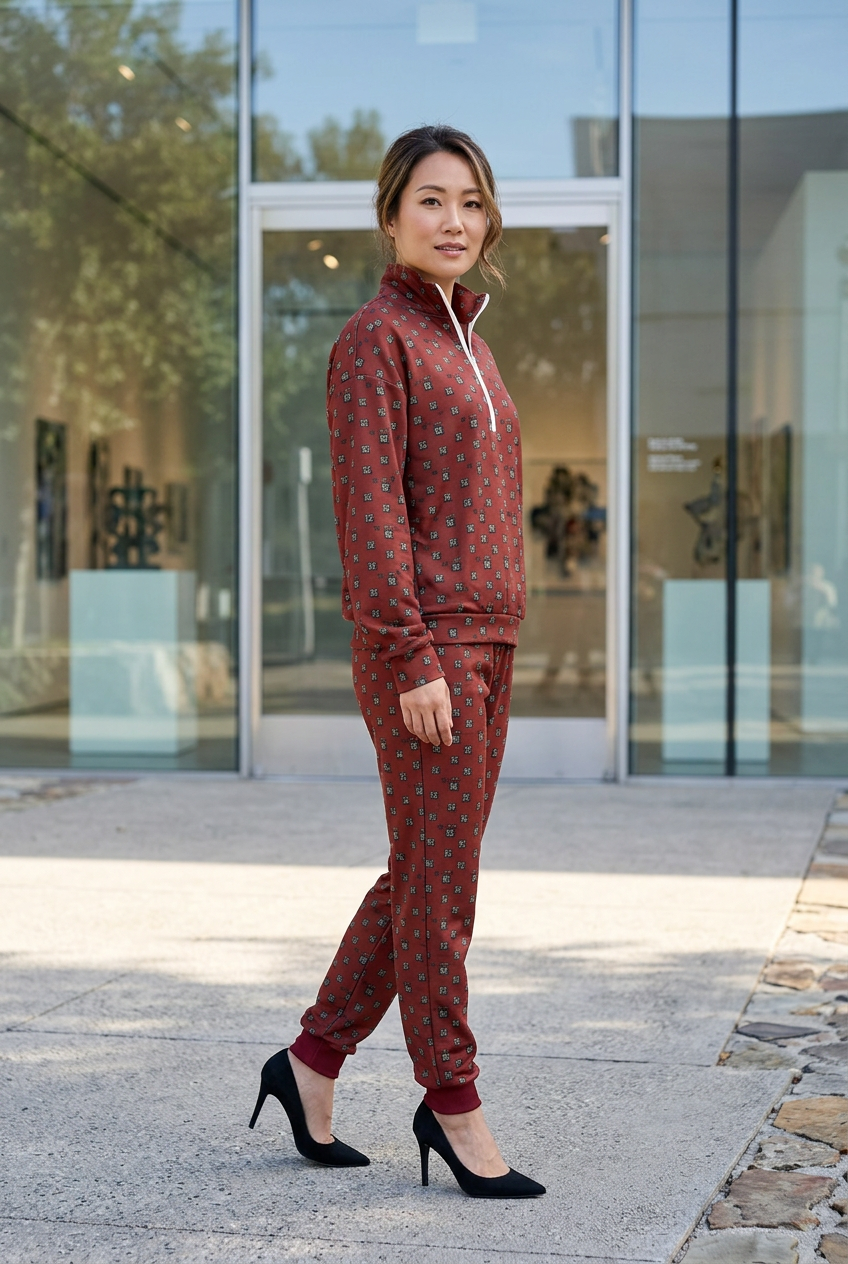 East Asian female model turning toward the camera outside a gallery in black heels