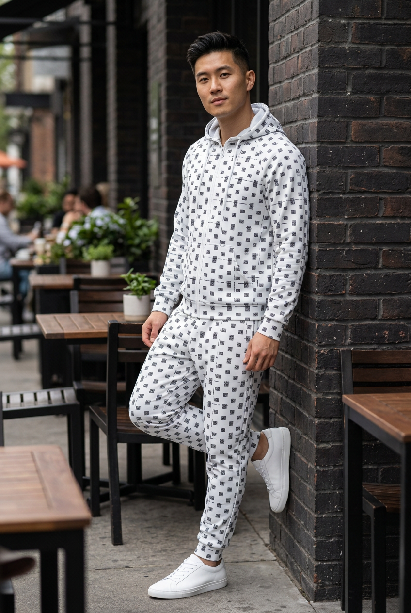 East Asian male leaning against a brick cafe wall