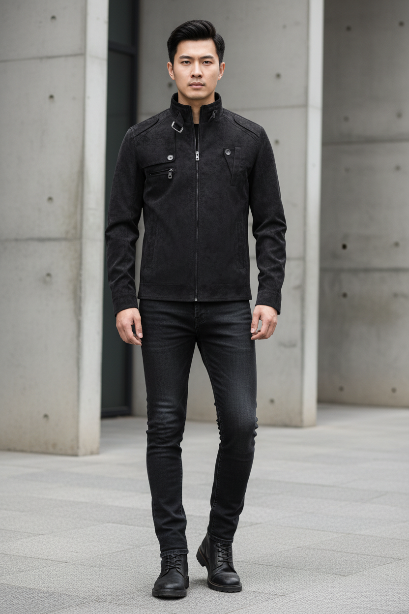 East Asian male model, front view of black moto jacket
