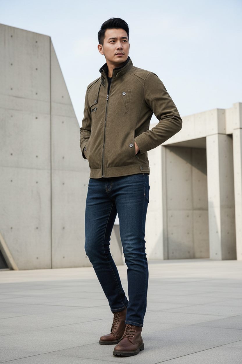 East Asian male model, front view of olive-brown jacket