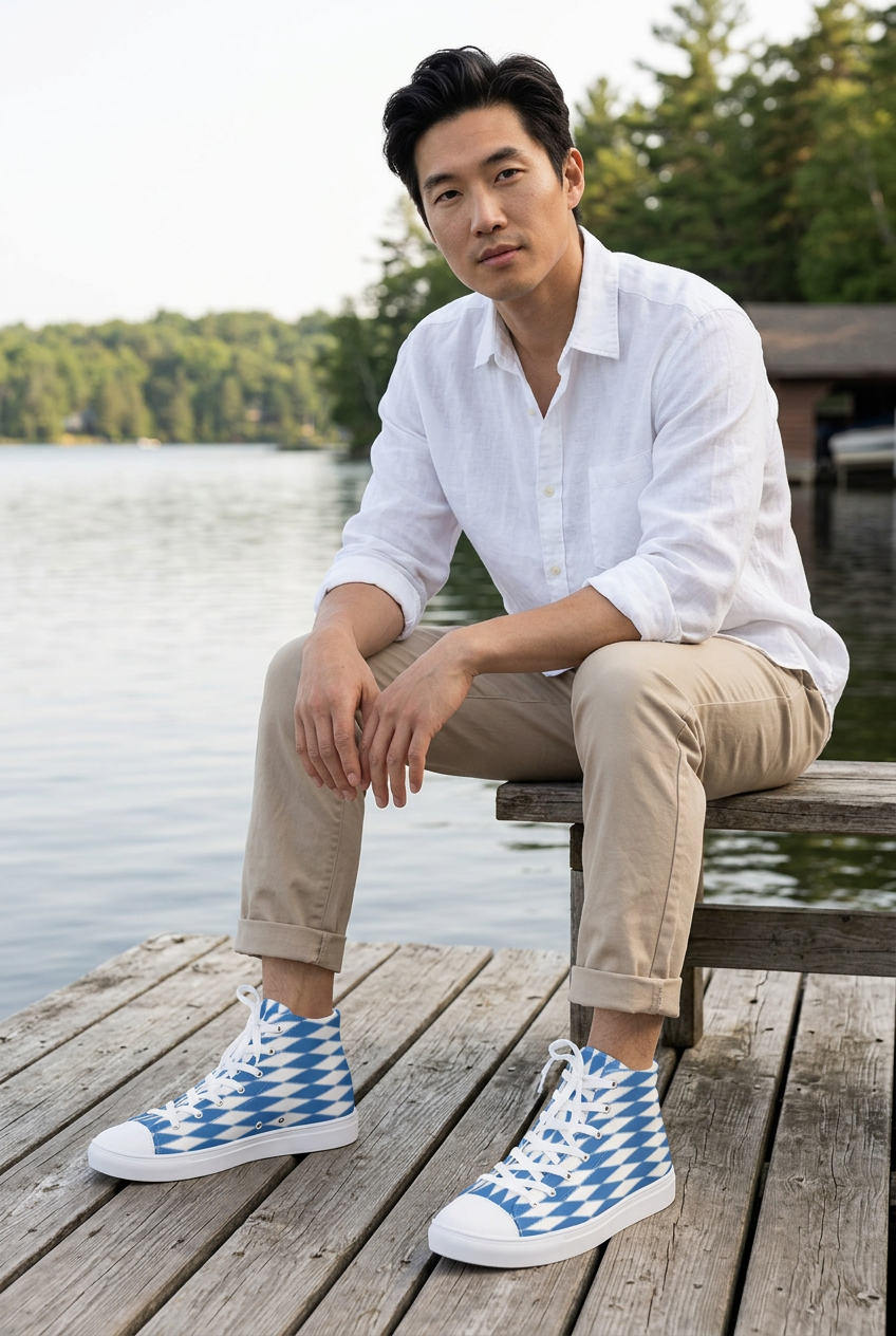 East Asian male model seated on a lakeside deck