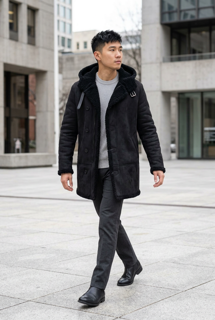East Asian male model walking across a modern plaza in the black coat