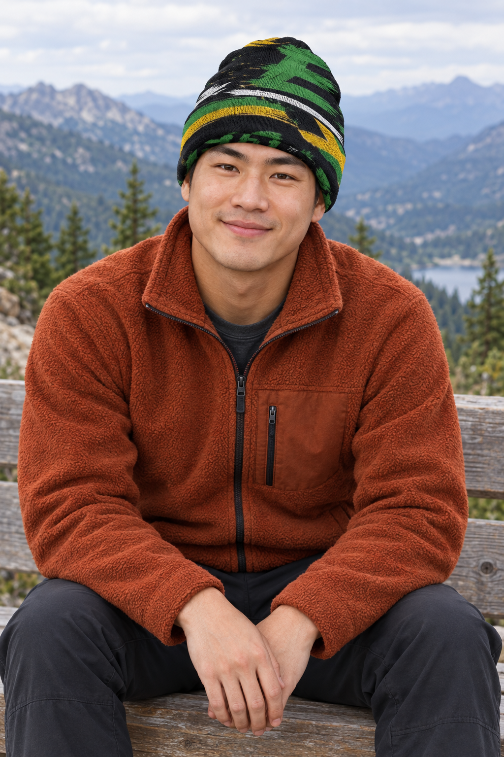 East Asian male model wearing the beanie seated at a mountain overlook