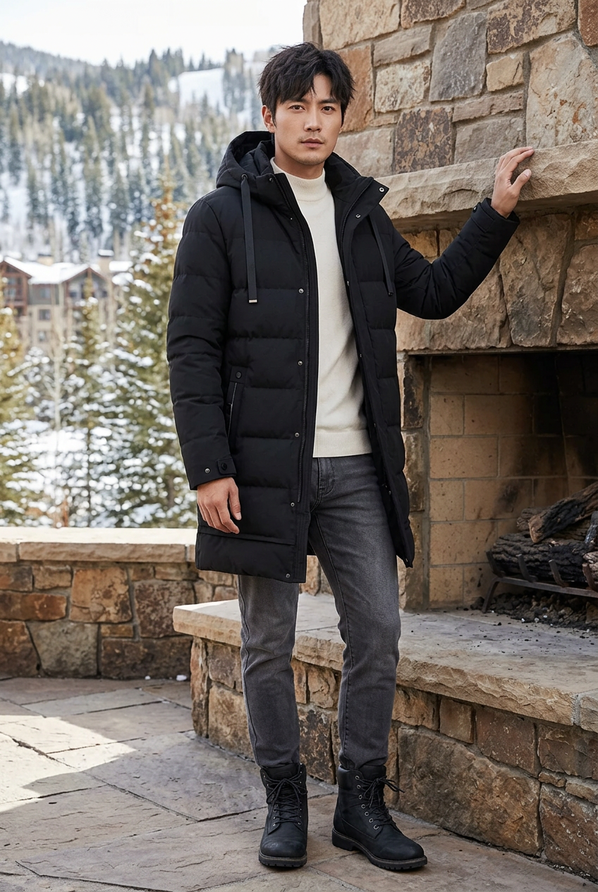 East Asian male model wearing the black parka with the hood up on a mountain resort terrace