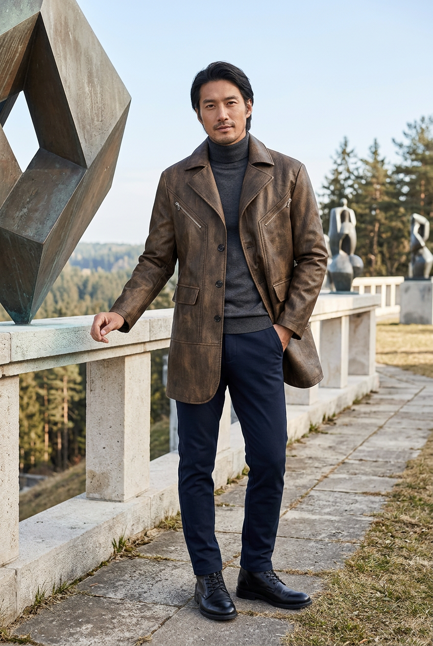 East Asian male model wearing the distressed brown coat at a hillside sculpture park