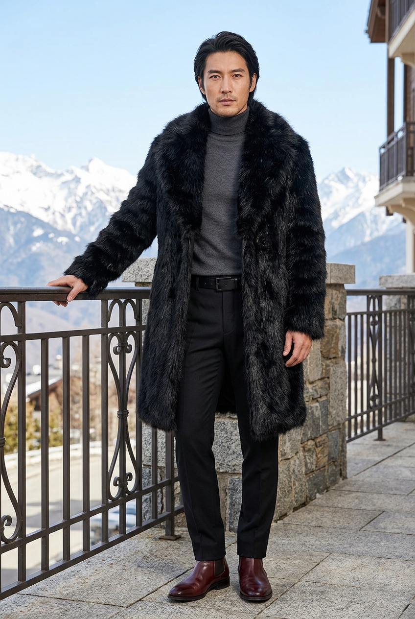 East Asian male model wearing the slim knee-length black coat on a mountain hotel balcony