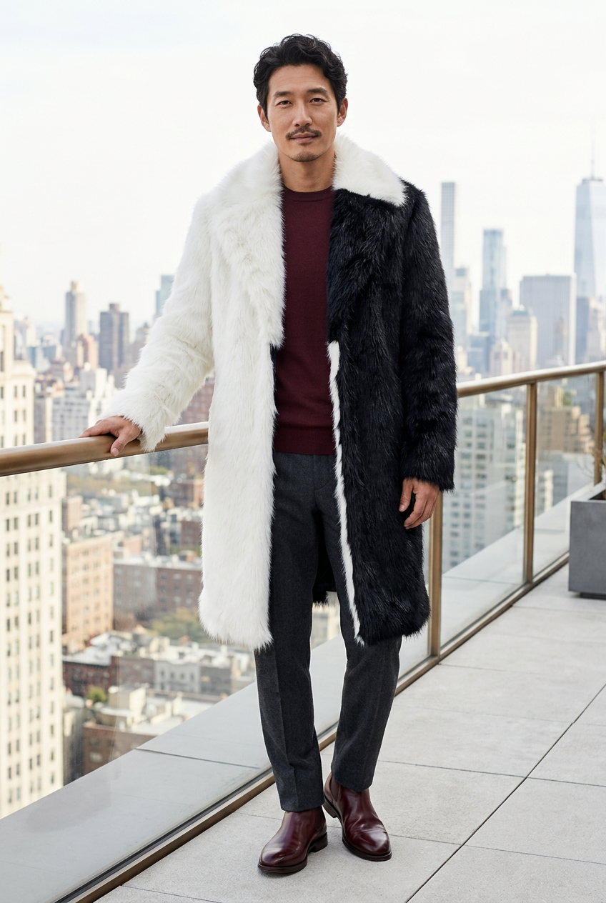 East Asian male model wearing the split black-and-white coat on an art terrace