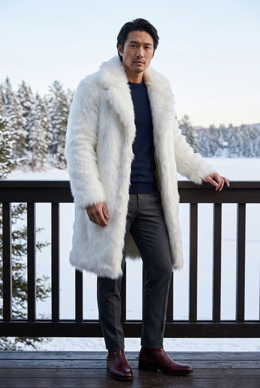 East Asian male model wearing the white knee-length coat on a lakeside chalet terrace