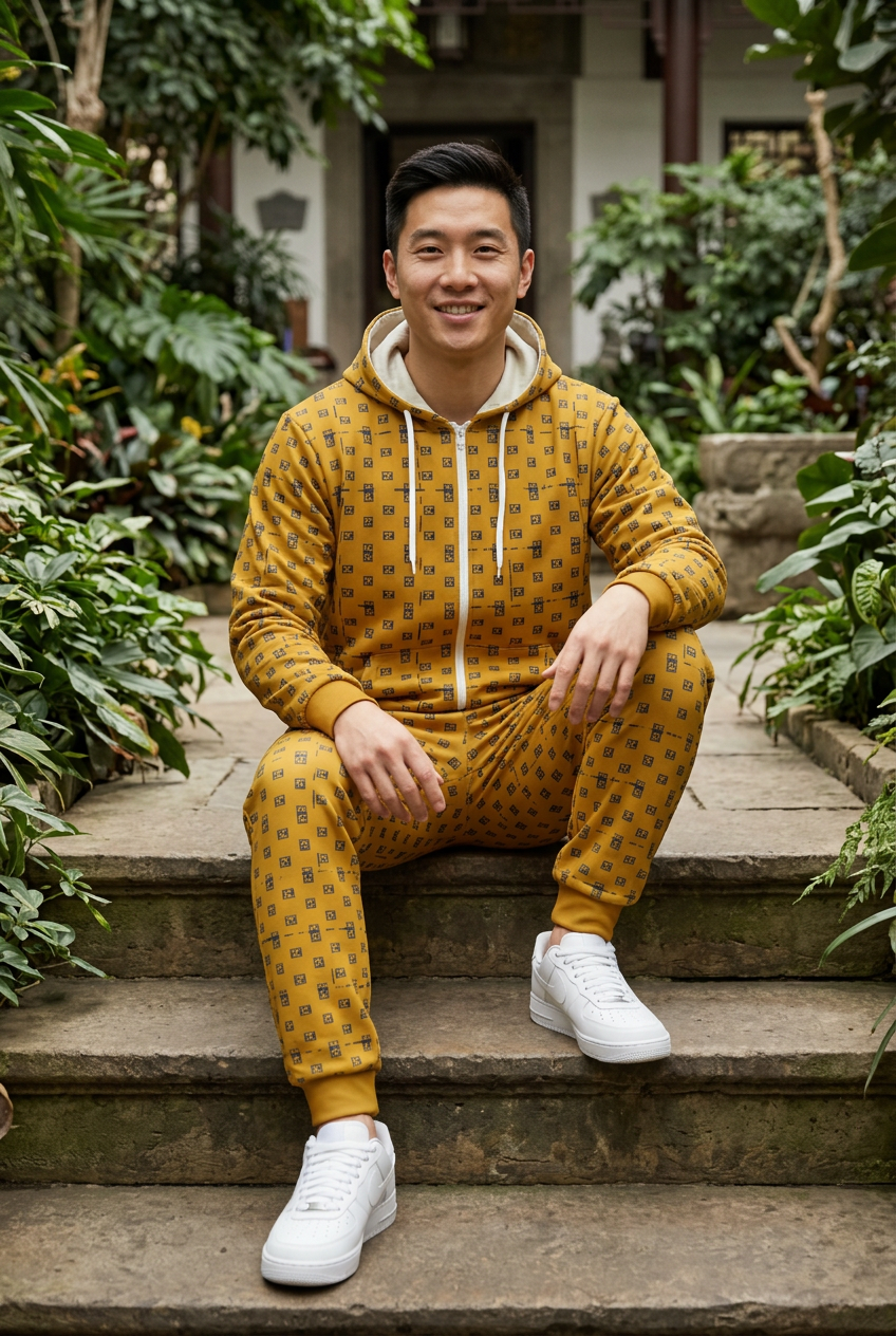 East Asian male seated on botanical courtyard steps