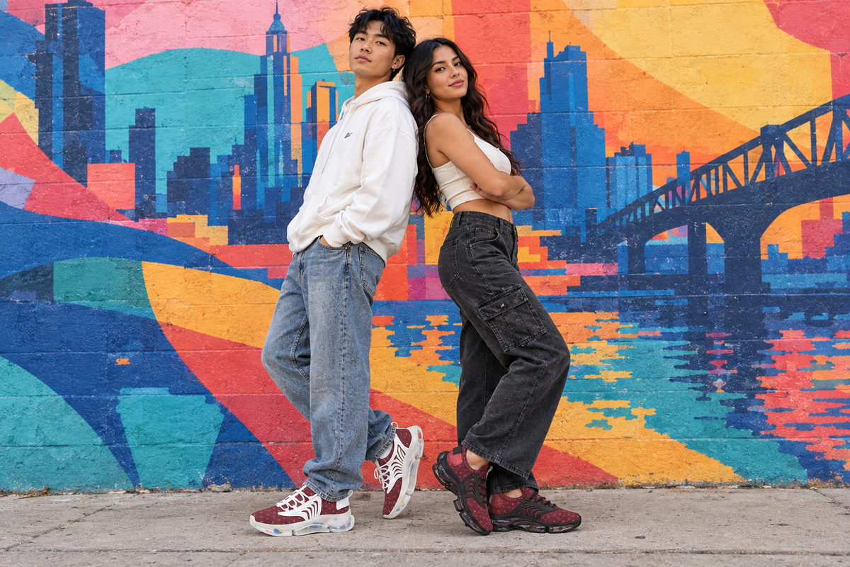 East Asian man and Latina woman by a city mural in burgundy sneakers