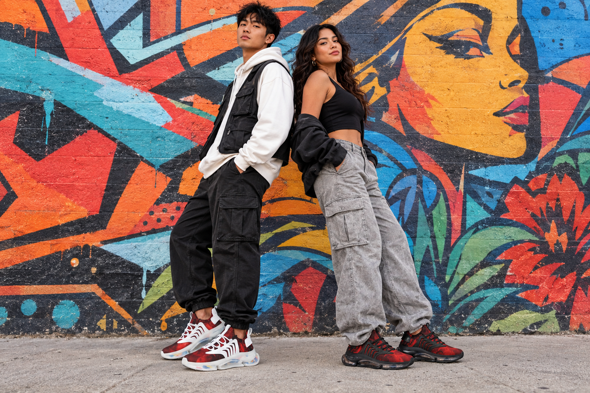 East Asian man and Latina woman by a street-art mural in the red-and-black sneakers