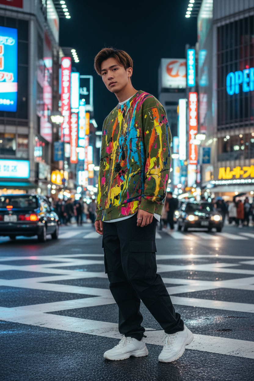East Asian man in olive green paint splatter sweatshirt, Tokyo street setting