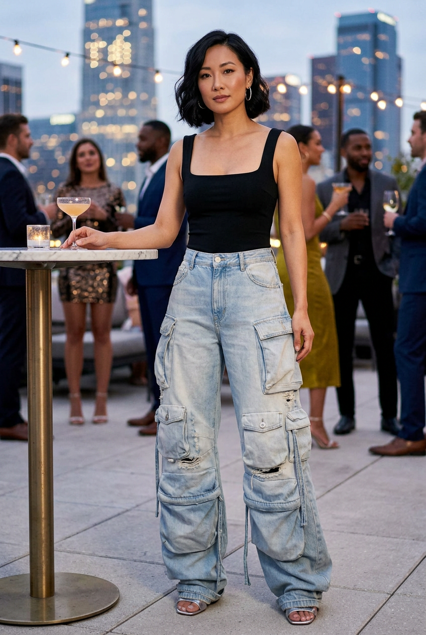East Asian model at a rooftop cocktail party in cargo jeans and silver heels