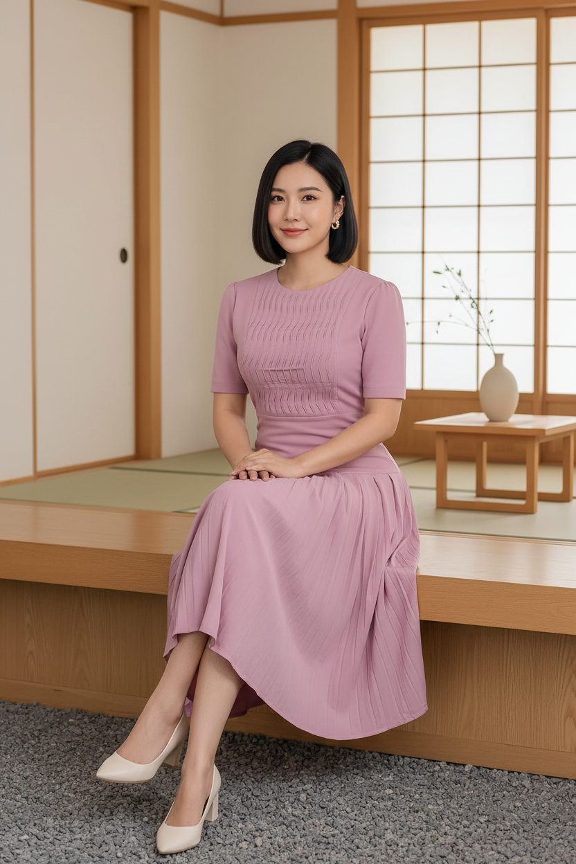 East Asian model in blush-pink pleated set in a tea house