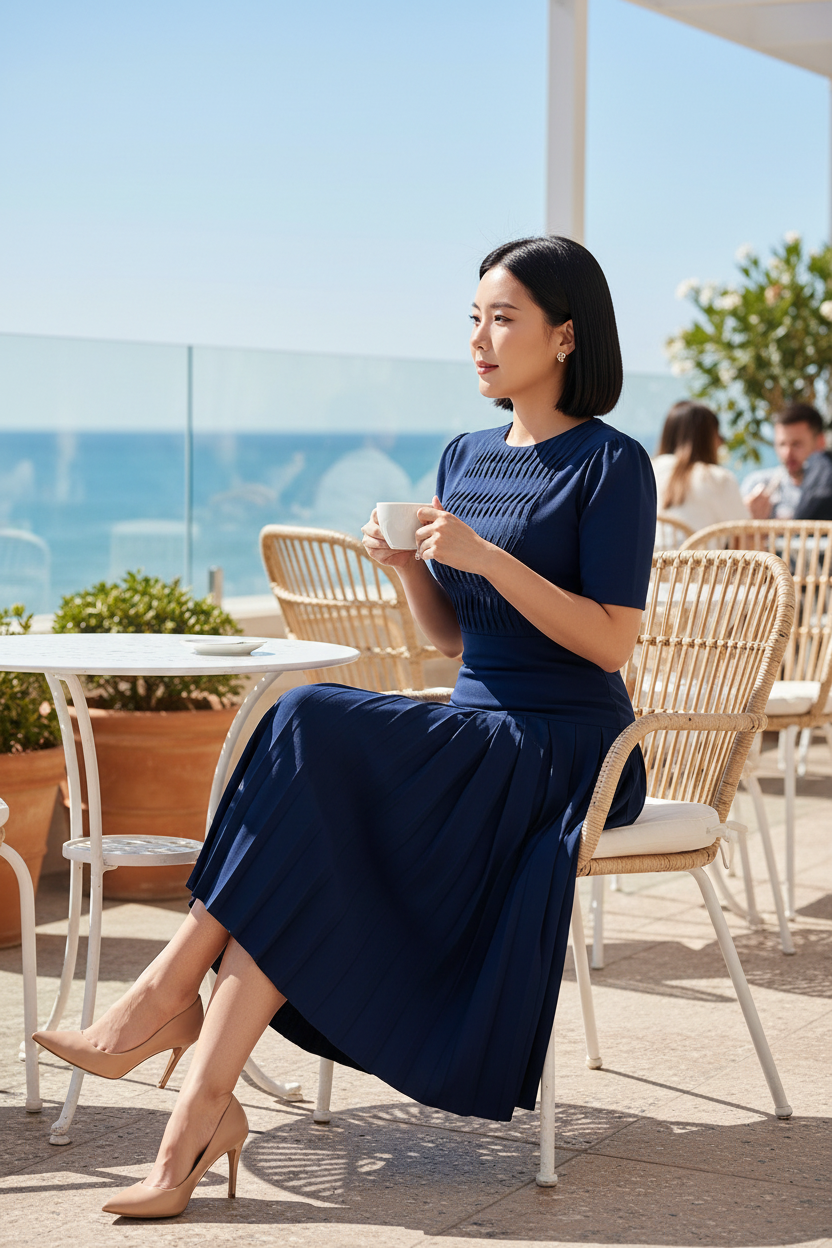 East Asian model in navy pleated set at a coastal café