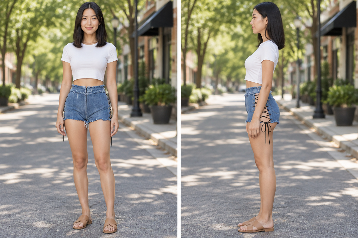 East Asian model on a tree-lined street, front and side views