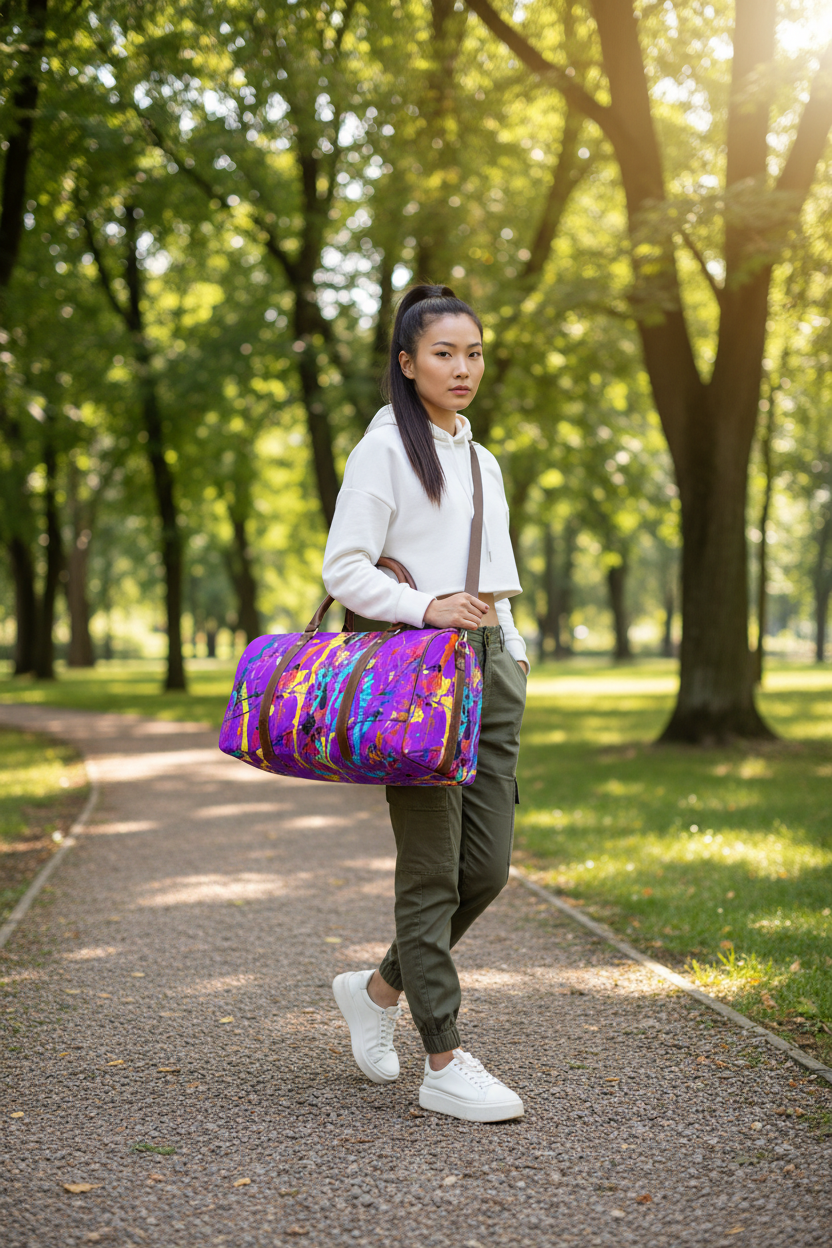 East Asian model park with duffle bag