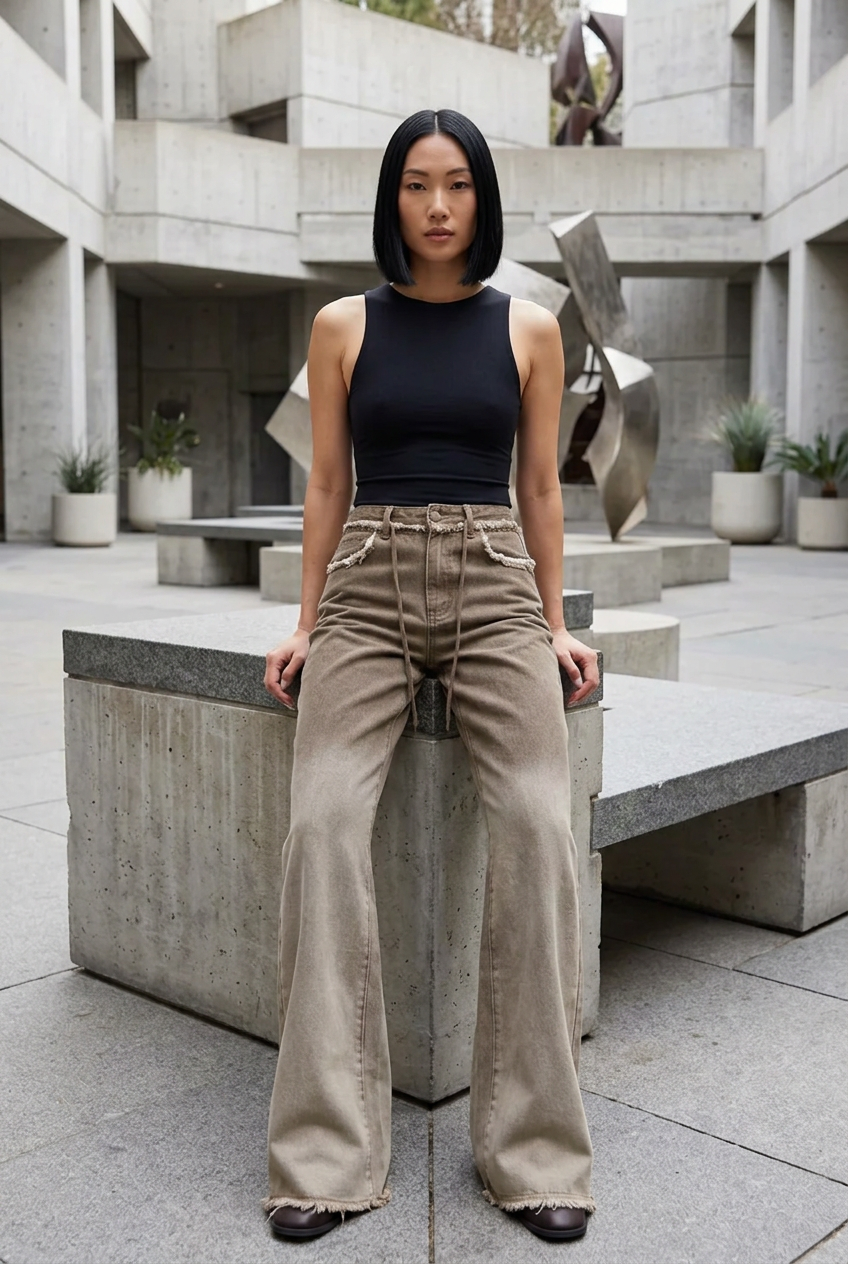 East Asian model seated in a sculpture courtyard