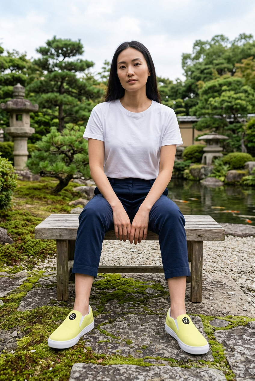 East Asian model seated in a tranquil garden