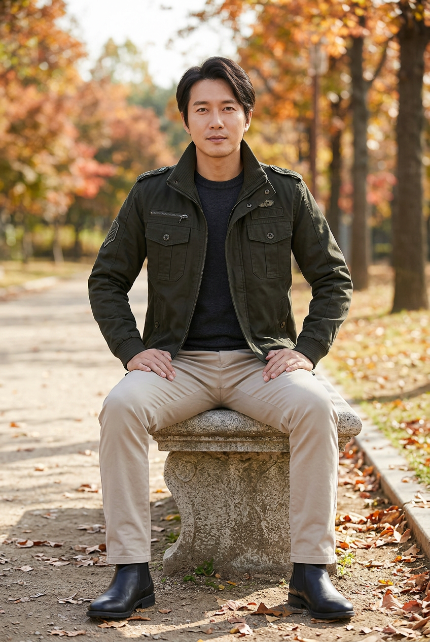 East Asian model seated in an autumn park
