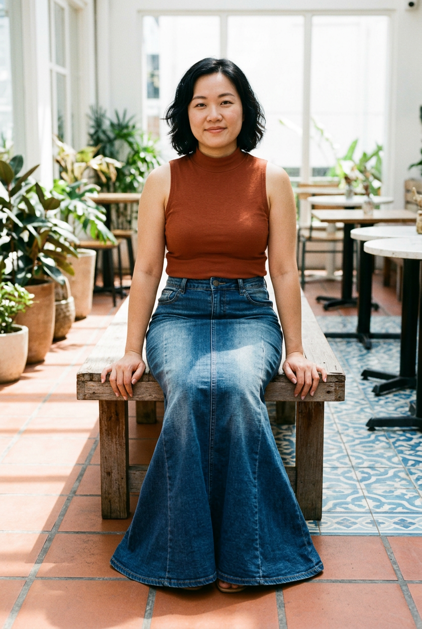 East Asian model seated in the denim maxi skirt