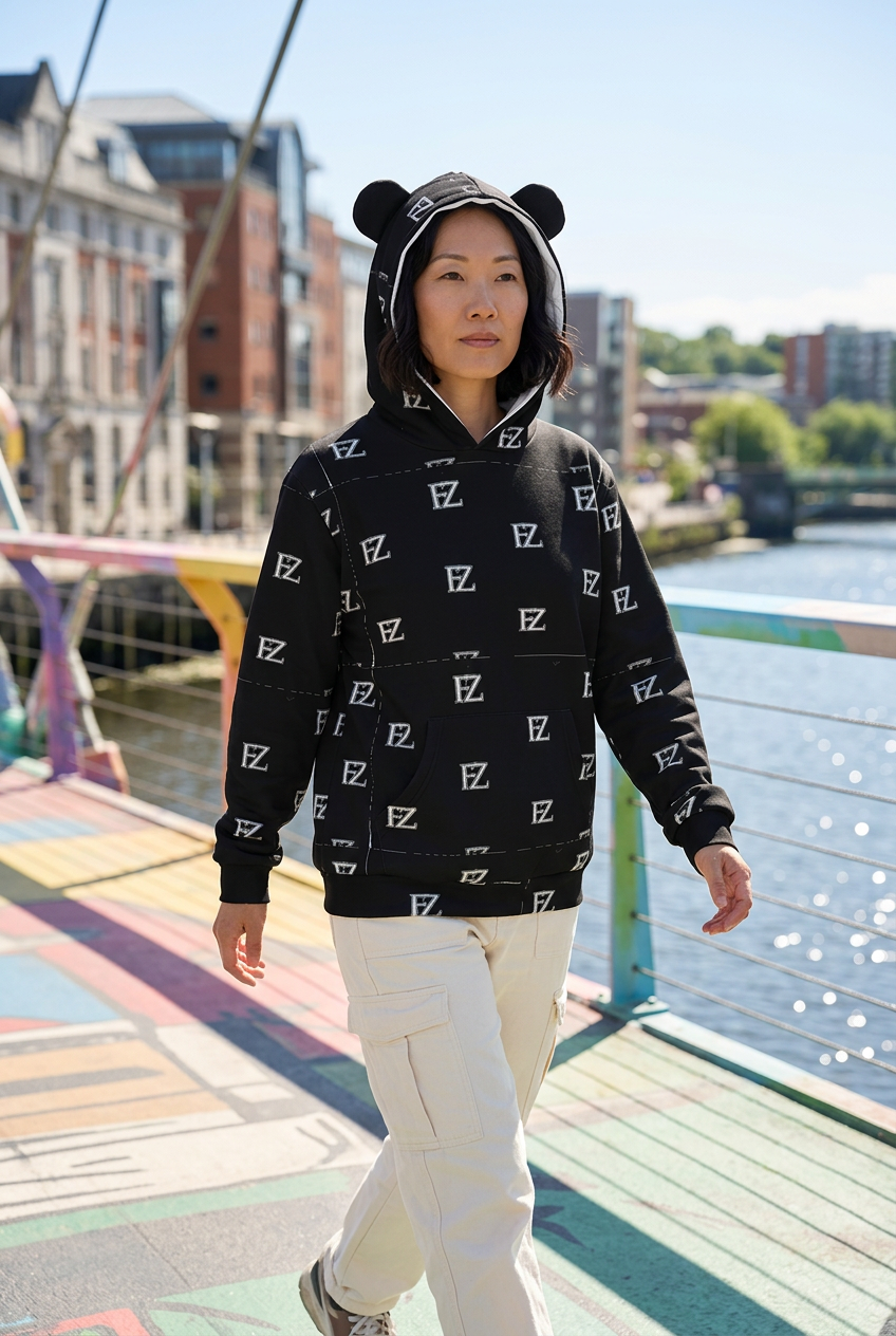 East Asian model walking across a bridge