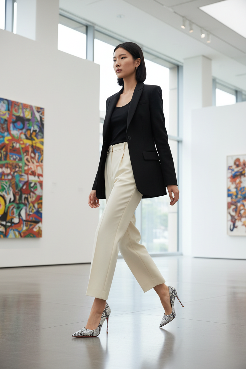 East Asian model wearing snakeskin pumps at an art gallery