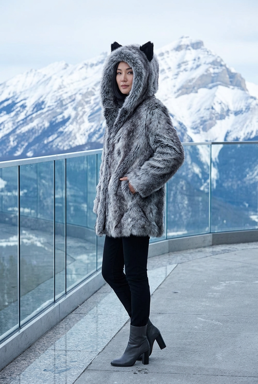East Asian model wearing the gray faux fur ears coat at a mountain terrace