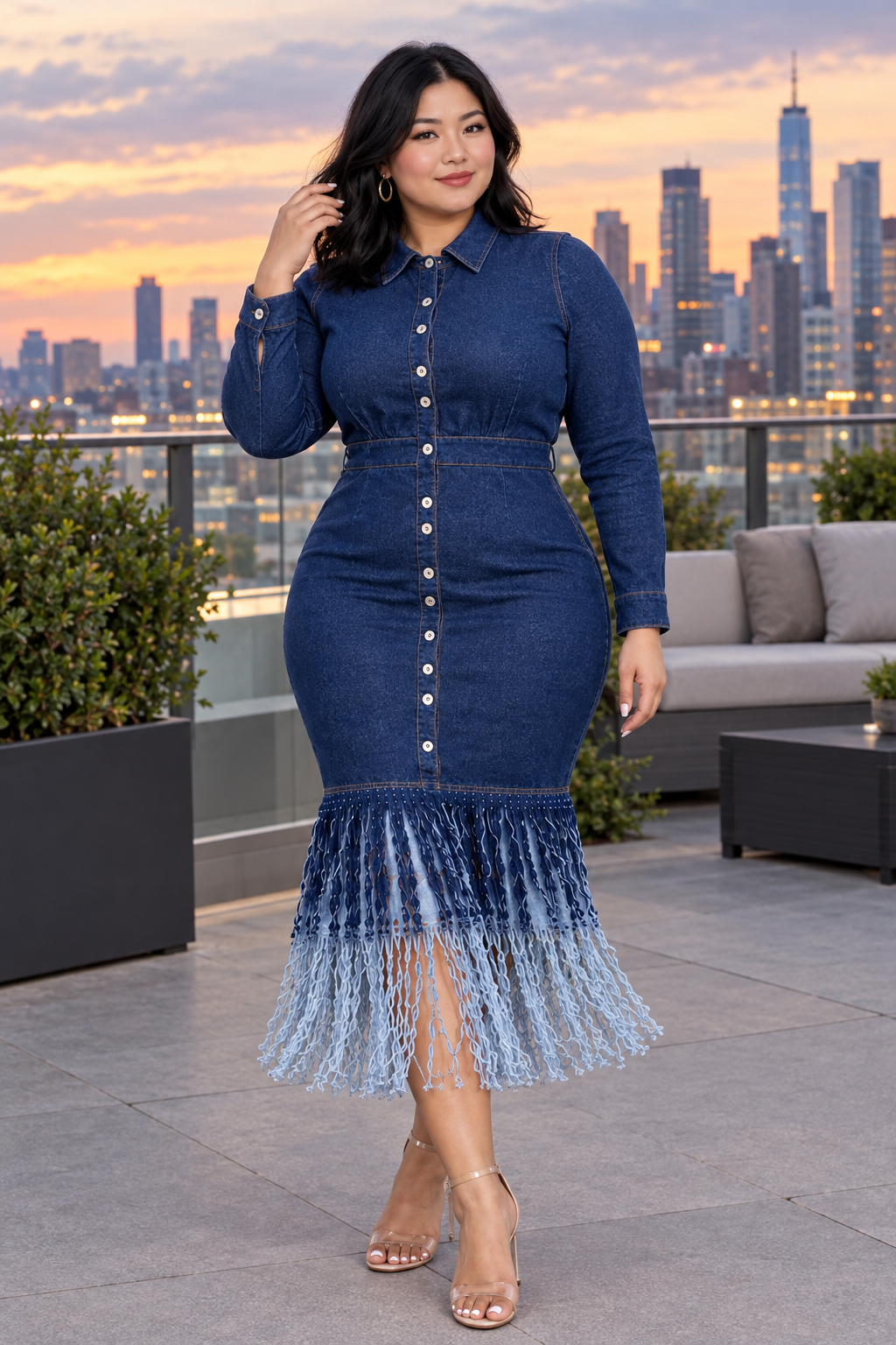 East Asian plus-size model on a rooftop terrace