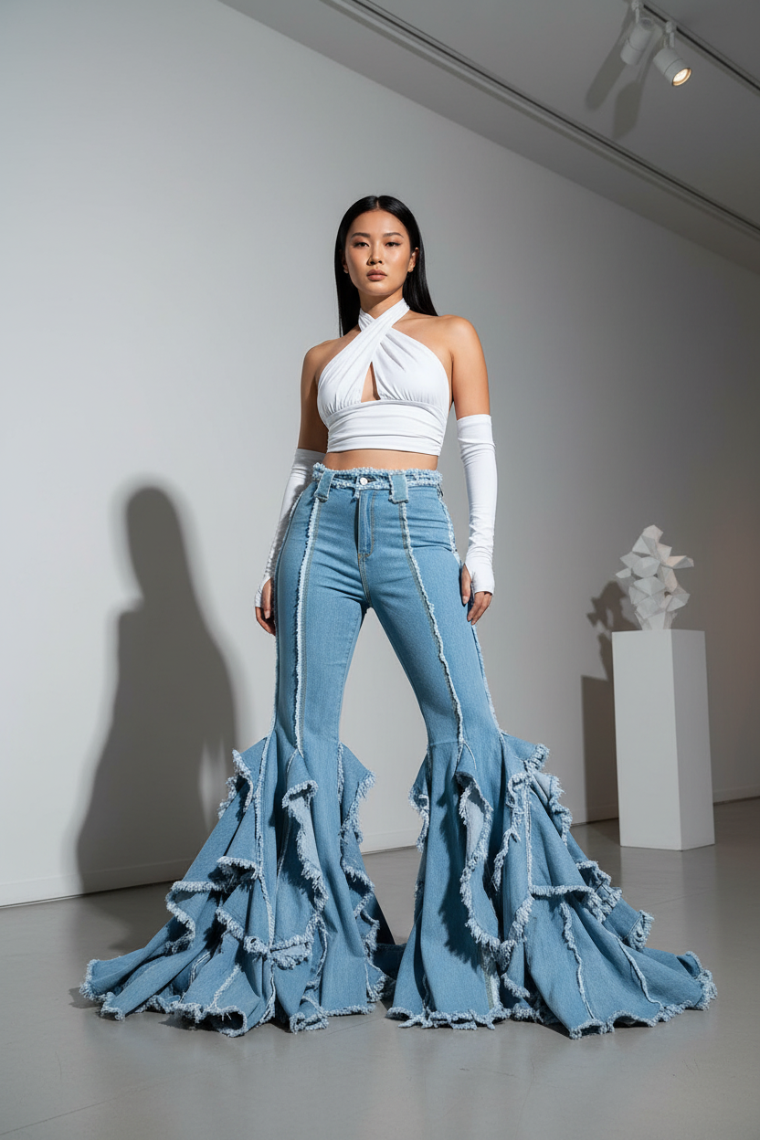 East Asian woman fringe flare jeans