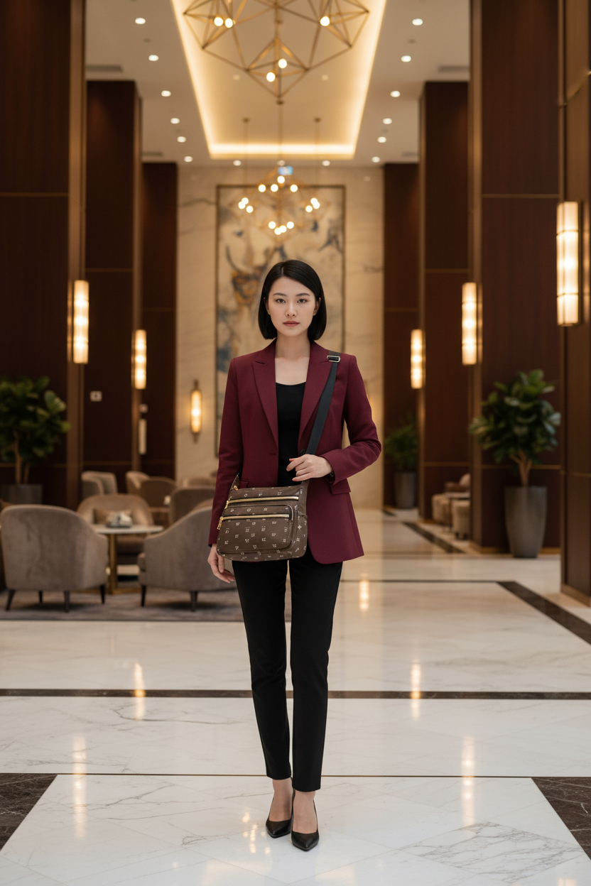 East Asian woman hotel lobby
