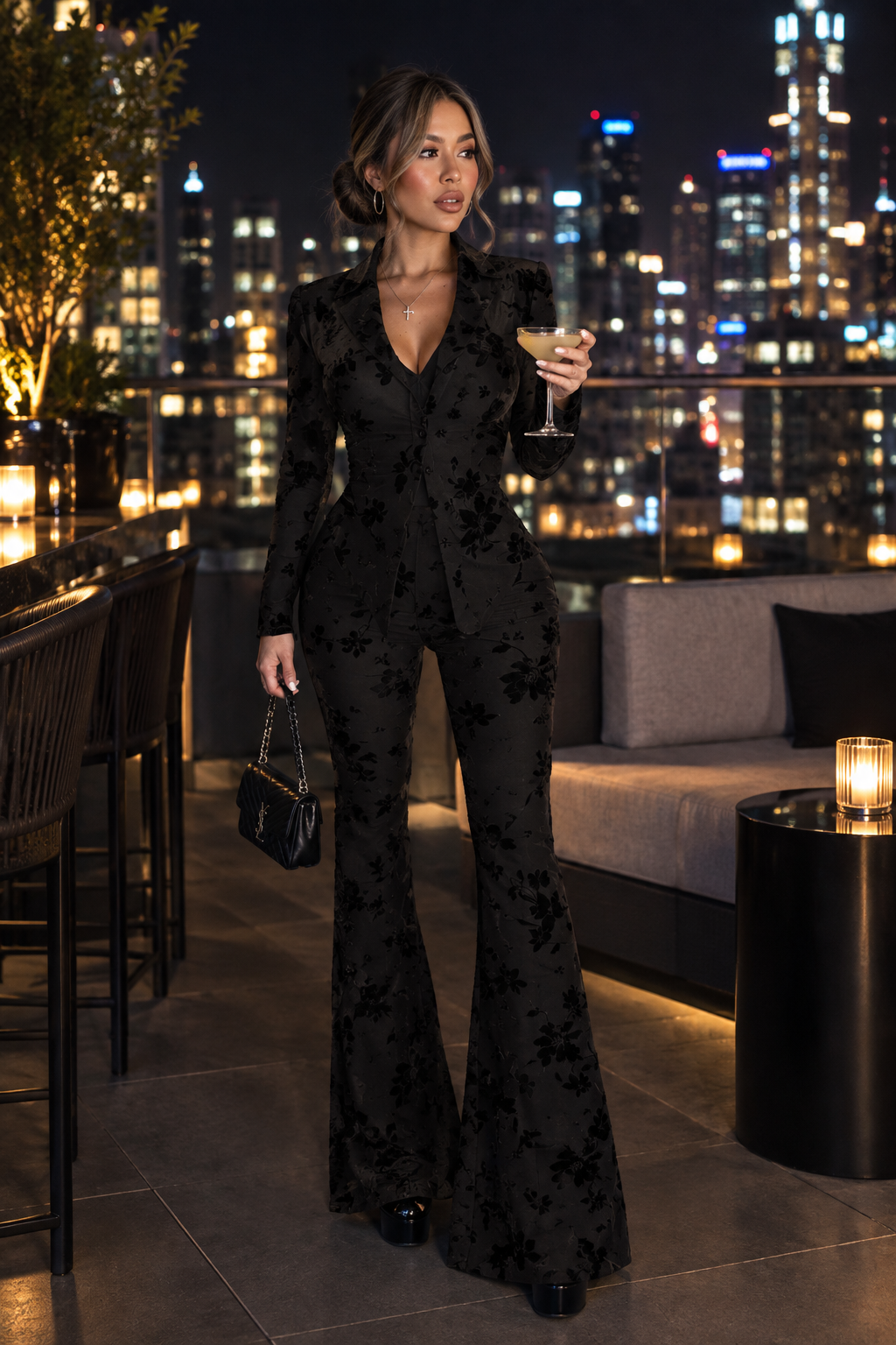 East Asian woman in the black floral pants suit at a rooftop bar at night