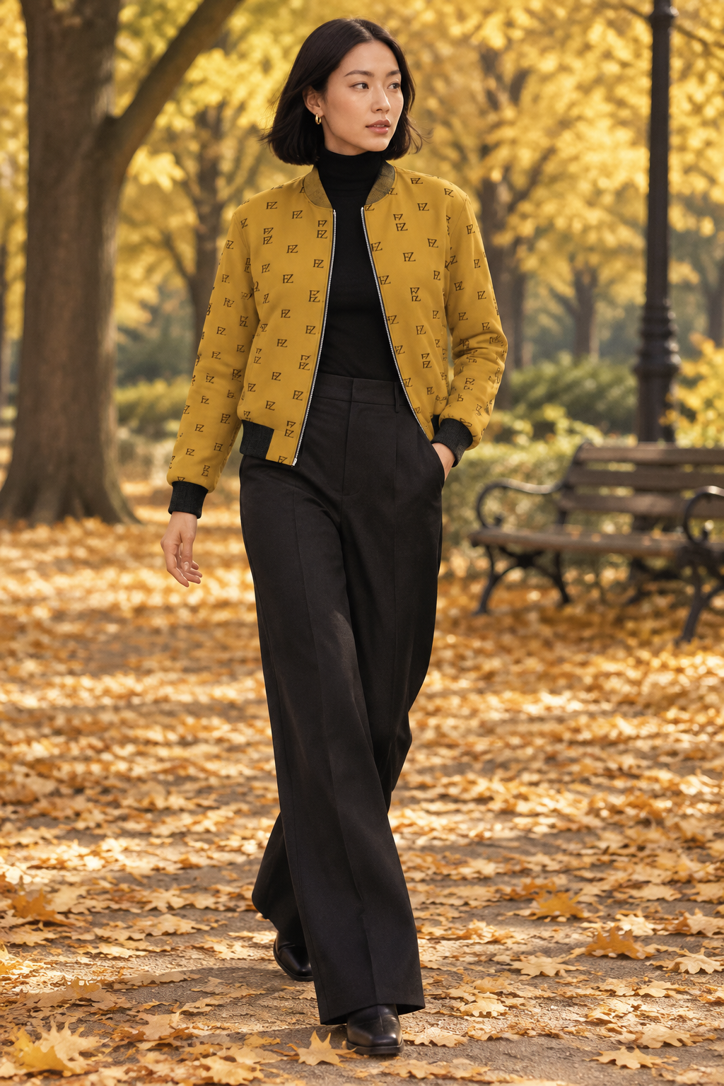 East Asian woman in the women's mustard FZ bomber in an autumn park