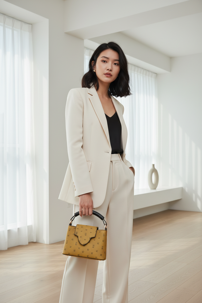 East Asian woman with mustard FZ monogram handbag, interior background