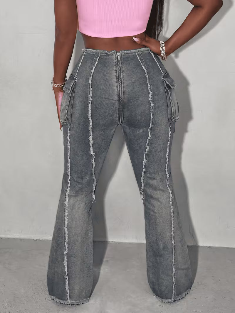FZ Women's Plus Size Frayed Edges Multiple Pockets Split Line Fringe Trim Denim Pants