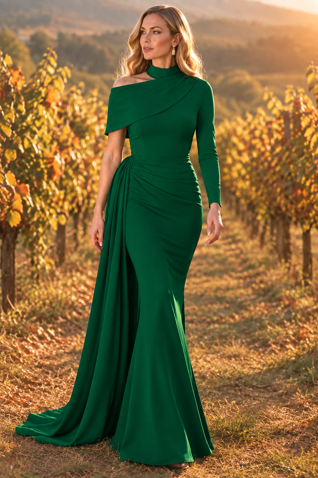 Emerald green gown in a vineyard