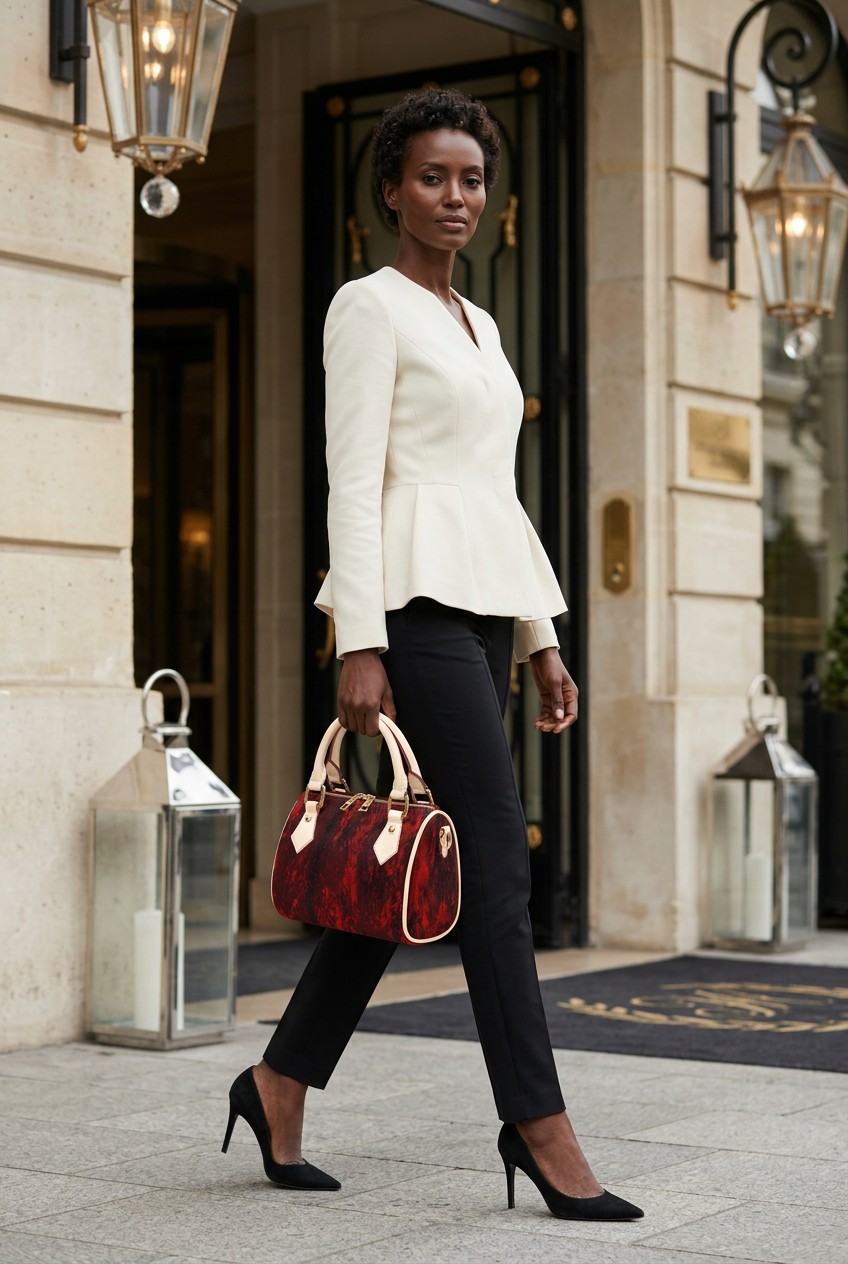 Ethiopian woman in an ivory jacket arriving at a Parisian palace hotel