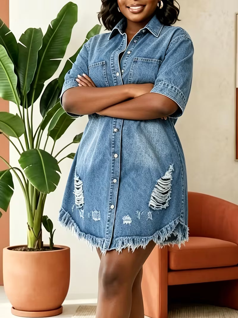 FZ Women's Plus Size Distressed Ripped Frayed Hem Denim Shirt Dress