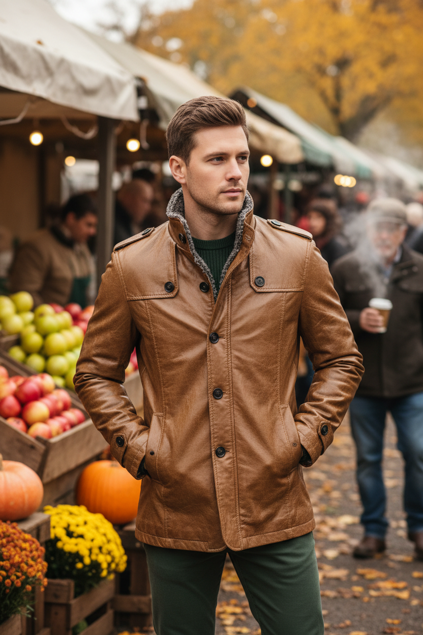Farmers market in the tan jacket