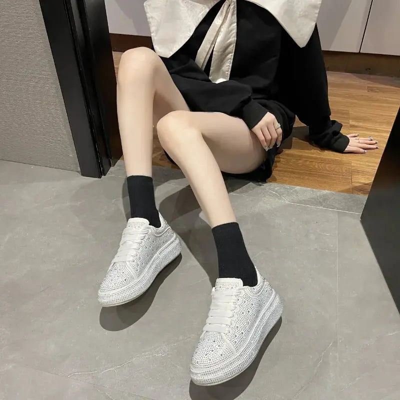 fashion Women Platform Casual Sneakers Rhinestones Thick-soled White Silver Shoes for Women Shining Crystal Sneakers Trend Shoes FZwear